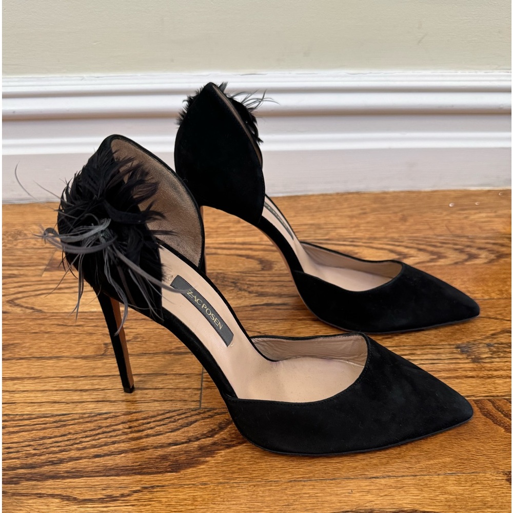 Zac Posen Black Suede Heels With Feathers